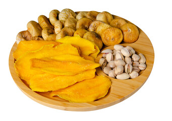 Plate of dried fruits, nuts isolation