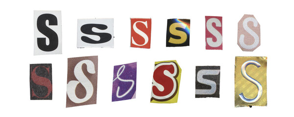 Set of isolated cut-out letter “S” from magazines on a transparent background, retro y2k style
