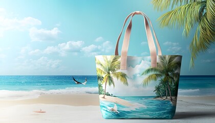 Vibrant beach bag on a sunny shore, featuring palm trees and ocean waves, perfect for summer adventures and coastal getaways.