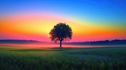 Fototapeta premium A rural landscape with a sunrise backdrop, featuring a field of dewy grass and a lone tree silhouetted against the colorful sky, evoking a sense of calm and tranquility.