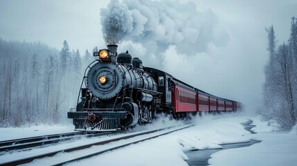 Fototapeta premium Old-fashioned train on snow-capped rails, icy rivers winding alongside, vintage train in winter, romantic railway