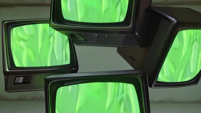 3D animation of four old TVs with green screens in an empty room