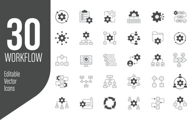 30 Editable Workflow Icons Set - Vector Illustration of Process Management, Project Planning, and Task Automation Symbols