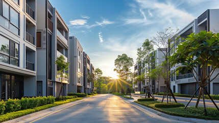 Modern residential apartment buildings with beautiful garden