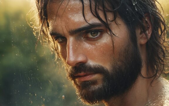 Intense close-up portrait of man with dark hair and beard covere