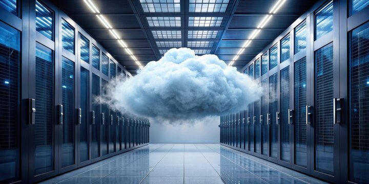 Abstract cloud floating in a server room, representing cloud computing , technology, server, data, computing, network, storage