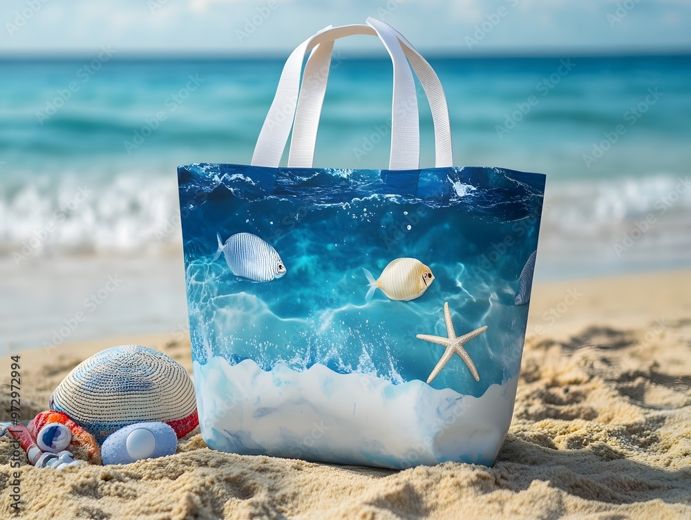 Wall mural colorful beach bag rests on sandy shore near ocean waves, featuring fish and starfish design. ideal 