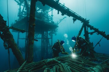Underwater Welding Divers Working on a Sunken Structure