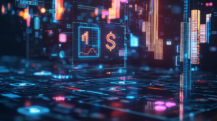 Obraz premium 3D visualization of a cash management system with animated financial asset indicators, digital currency icons, and a high-tech business environment 
