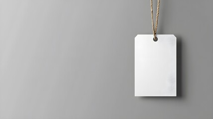Empty layout layout on grey background. Common blank label name tag hanging on neck with thread.