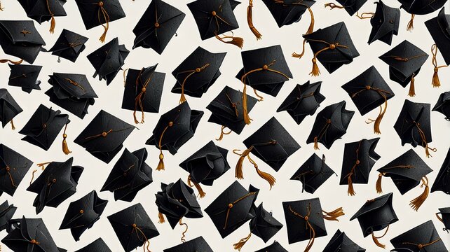 An array of sketched graduation caps floating on a white background, symbolizing the collective joy and accomplishments of students during graduation celebrations. - Powered by Adobe
