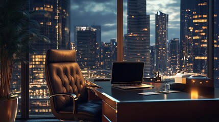 Plakat Modern office with a stunning city view at night.