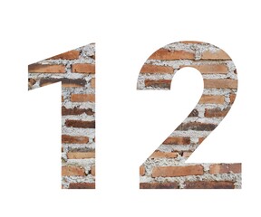 image showcasing the numbers 12, meticulously crafted using a close-up photograph of an aged brick wall. Perfect for design projects requiring a rustic, vintage, or industrial feel.