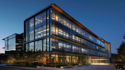Obraz premium Modern office building with glass facade and stone accents. Contemporary Exterior Building