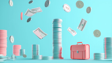 3D model of stacked coins and financial documents floating in a pastel blue background, with a business briefcase beside cash symbols, representing financial growth and stability 