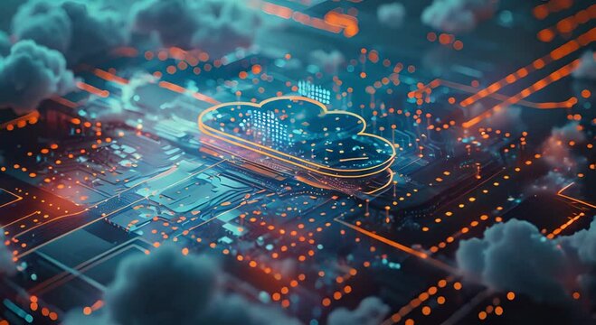 Abstract Cloud Computing Concept with Circuit Board and Glowing Lines