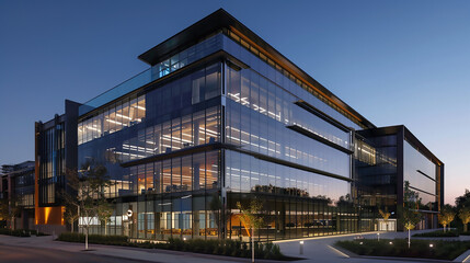 Obraz premium A large building with a lot of windows and a green tree in front Contemporary Exterior Building 