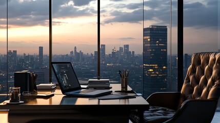 Plakat A modern office with a view of a city skyline at dusk.