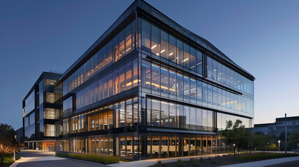 Fototapeta premium Modern office building exterior with glass walls and sleek design, symbolizing corporate success