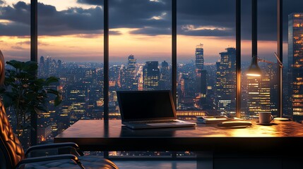 Naklejka na ściany i meble A modern office with a view of a city skyline at sunset.