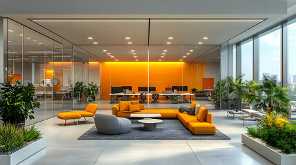 Modern office interior with orange accents, plants, and collaborative spaces.
