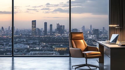 Plakat A modern office with a view of a city skyline at sunset.