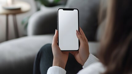 Over shoulder close up view of female hand holding smartphone with mock-up screen