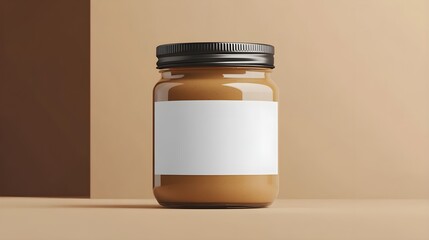 Peanut, almond, nut butter jar mockup with blank label. Closeup. 