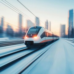 Fototapeta premium Modern high-speed train gliding through a snow-covered cityscape, tall glass buildings reflecting icy skies, urban train snow, futuristic winter