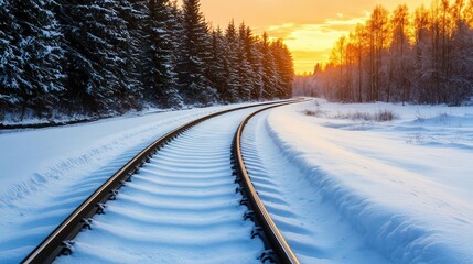 Obraz premium Train tracks winding through a snowy forest at dusk, golden light filtering through the trees, forest railway winter, peaceful evening