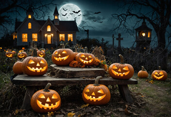 Halloween background with pumpkin and bats