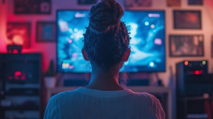 person gaming from the back, playing video games with a controller, enjoying digital entertainment and virtual fun