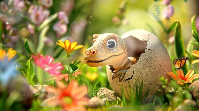 Baby Dinosaur Hatching from Egg Among Flowers. Seamless looping time-lapse 4k video animation background