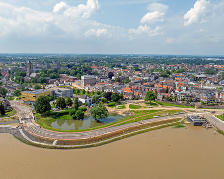 Aerial  from the town Tiel at the river Waal in a flooded landscape in the Netherlands