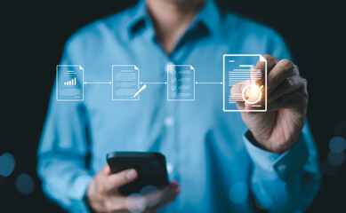 Process to Quality Assurance and Document Control Workflow. Businessman interacts with digital workflow, displaying process from document creation to quality assurance and final approval. QC, QA, ISO,