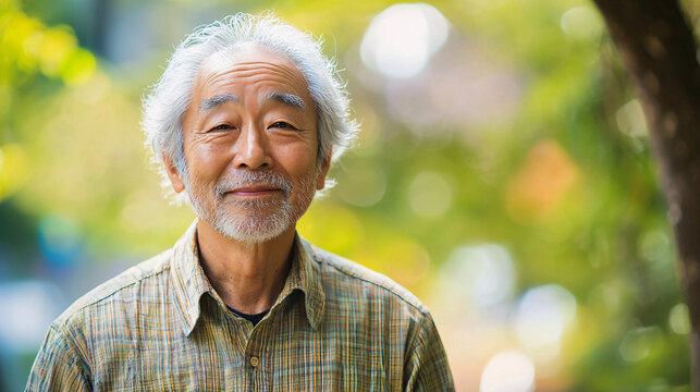 Realistic image of a Japanese man with a relaxed, happy demeanor, set against a light, calming outdoor scene. 