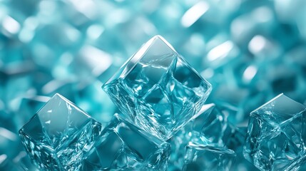 transparent 3d blue teal emerald cubes, geometric crystal background with copy space for modern design