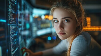 attractive woman in cyber security programming futuristic software, working in digital technology...