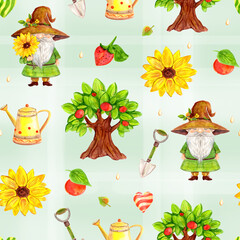 Watercolor seamless pattern with cute gardning gnomes.