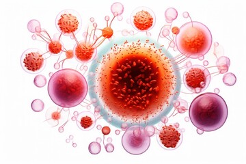 Fototapeta premium A colorful representation of a blood cell infected with malaria parasites, highlighting the trophozoite and gametocyte stages