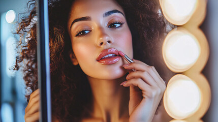 A woman applying a lip gloss in front of a mirror, showcasing a natural, dewy makeup look. 