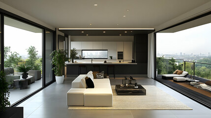 Modern open-concept living space with kitchen and outdoor view.