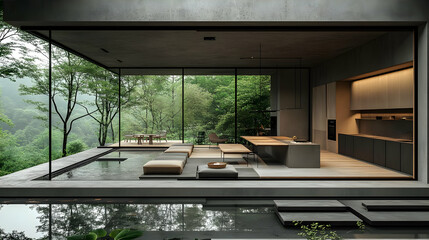 Fototapeta premium Modern open-concept living space with large windows overlooking a lush green landscape.