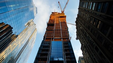 Fototapeta premium A Tall Skyscraper Under Construction Between Two Existing Buildings