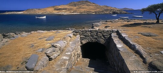 Ancient stone archway entrance to underground structure, overlooking a scenic bay on a greek island