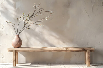 Obraz premium Rustic wooden bench and clay vase with branch near beige grunge stucco wall with copy space. Japandi, interior design 3d render. Generative Ai.