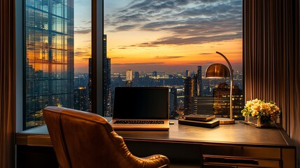 Plakat A modern office with a view of a city skyline at dusk.