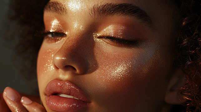Close-up of a person carefully applying bronzer to her cheeks and forehead, with a soft, radiant finish. 