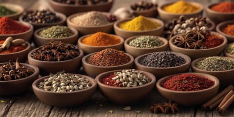 Colorful assortment of spices in wooden bowls on table, with nut