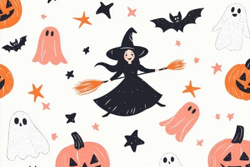 Vibrant Halloween pattern with spooky icons and symbols